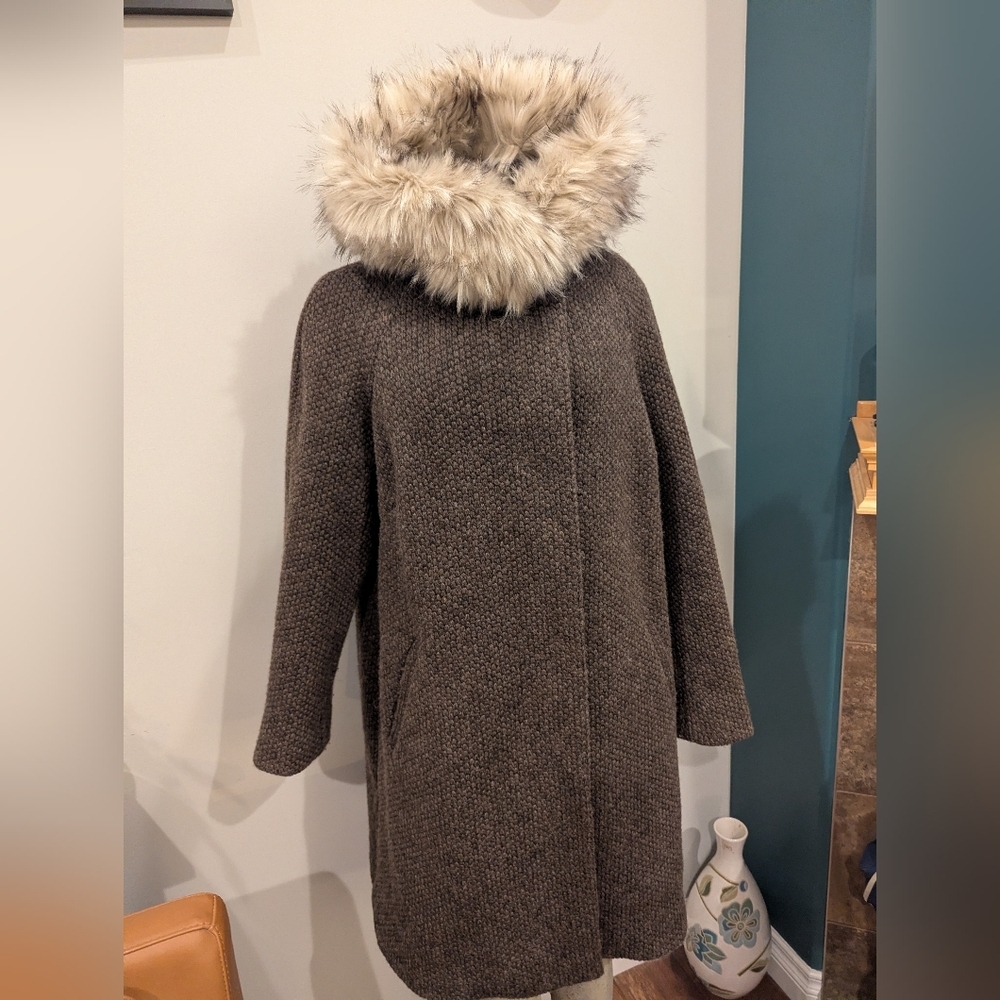 Eliza J Wool Blend Winter Coat 3/4 Length Faux Fur Trim Hooded Brown & Tan Sz XL